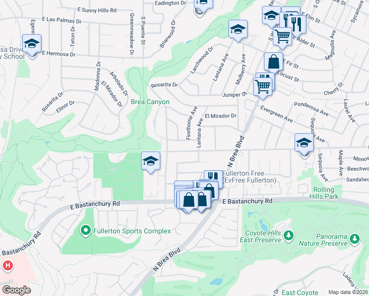map of restaurants, bars, coffee shops, grocery stores, and more near 841 Rolling Hills Drive in Fullerton