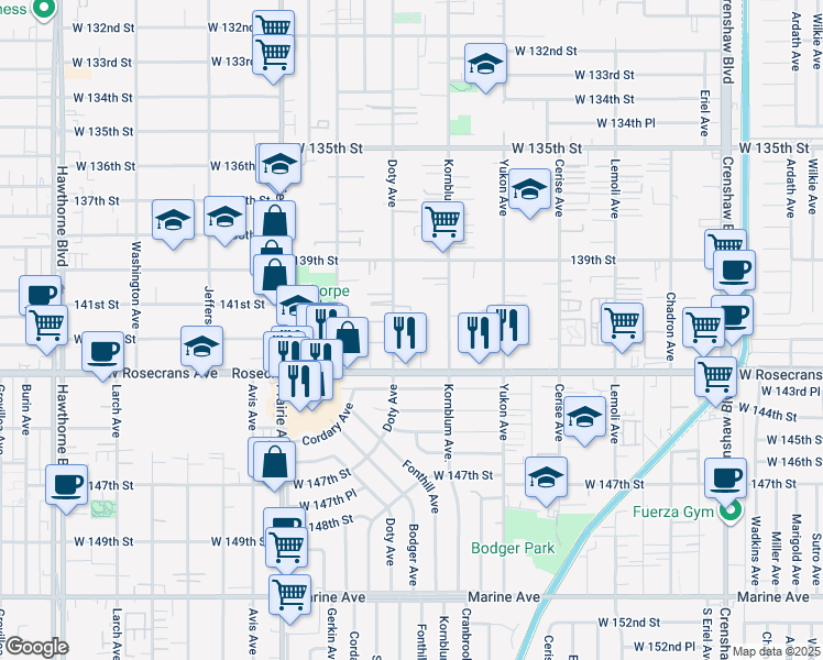 map of restaurants, bars, coffee shops, grocery stores, and more near 14119 Doty Avenue in Hawthorne