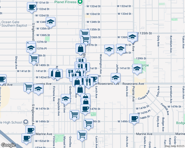 map of restaurants, bars, coffee shops, grocery stores, and more near 4367 West 142nd Street in Hawthorne
