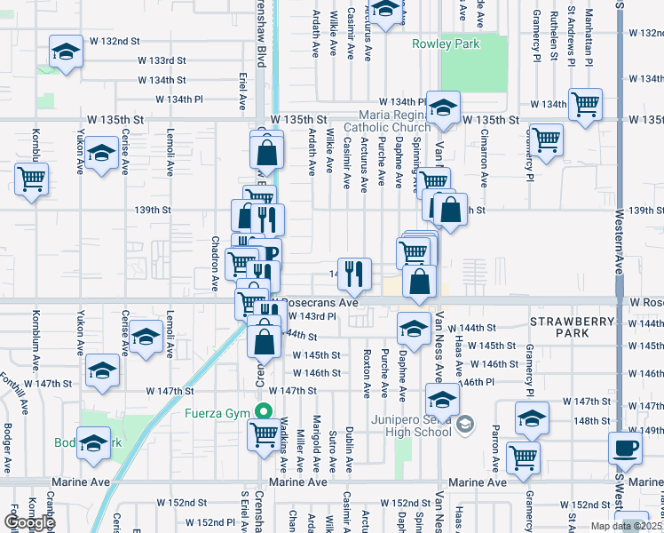 map of restaurants, bars, coffee shops, grocery stores, and more near 2717 141st Place in Gardena