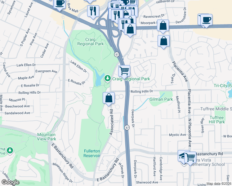 map of restaurants, bars, coffee shops, grocery stores, and more near 2713 Quail Ridge Circle in Fullerton