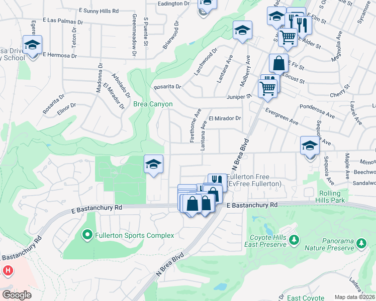map of restaurants, bars, coffee shops, grocery stores, and more near 841 Rolling Hills Drive in Fullerton