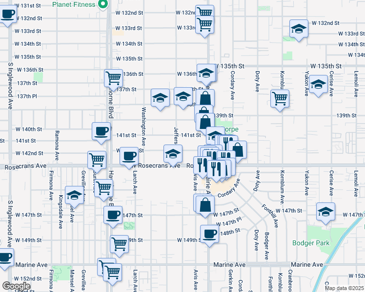 map of restaurants, bars, coffee shops, grocery stores, and more near 4087 West 142nd Street in Hawthorne