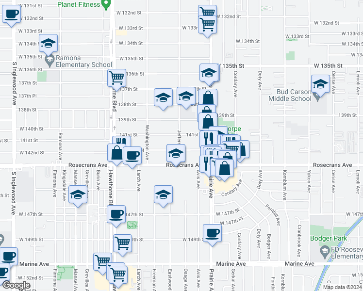 map of restaurants, bars, coffee shops, grocery stores, and more near 4097 West 142nd Street in Hawthorne