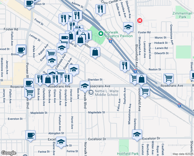 map of restaurants, bars, coffee shops, grocery stores, and more near 12254 Sheridan Street in Norwalk