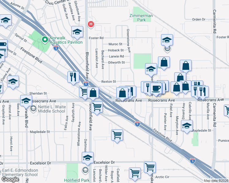 map of restaurants, bars, coffee shops, grocery stores, and more near 12737 Rosecrans Avenue in Norwalk