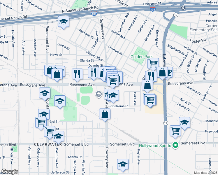map of restaurants, bars, coffee shops, grocery stores, and more near 8526 Rosecrans Avenue in Paramount