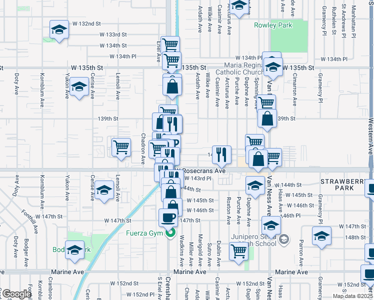 map of restaurants, bars, coffee shops, grocery stores, and more near 2911 141st Place in Gardena
