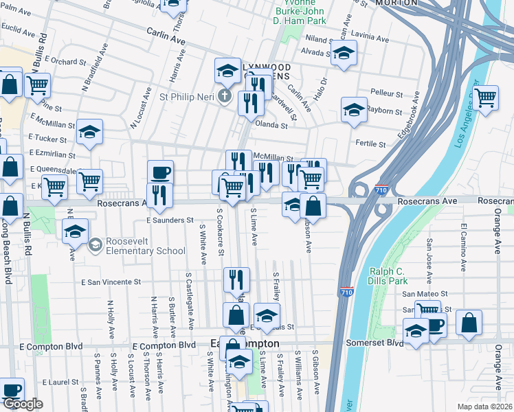 map of restaurants, bars, coffee shops, grocery stores, and more near 4600 Rosecrans Avenue in Compton