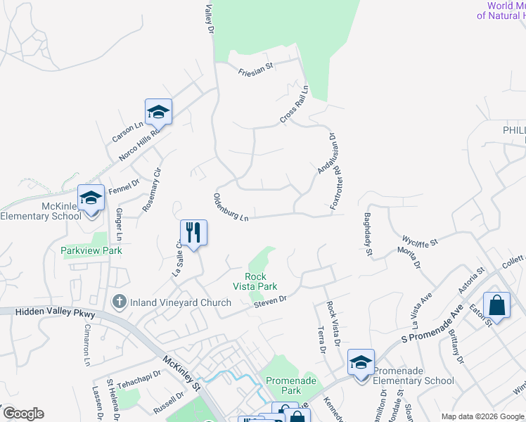 map of restaurants, bars, coffee shops, grocery stores, and more near 229 Oldenburg Lane in Norco