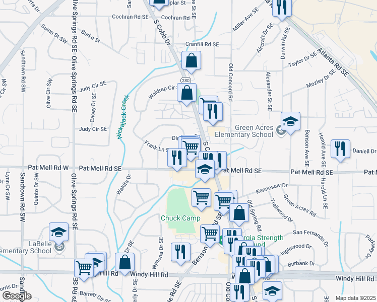 map of restaurants, bars, coffee shops, grocery stores, and more near 2044 South Cobb Drive Southeast in Marietta
