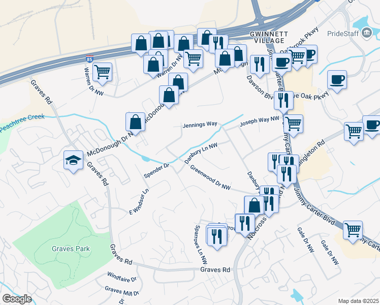 map of restaurants, bars, coffee shops, grocery stores, and more near 6419 Danbury Lane Northwest in Norcross