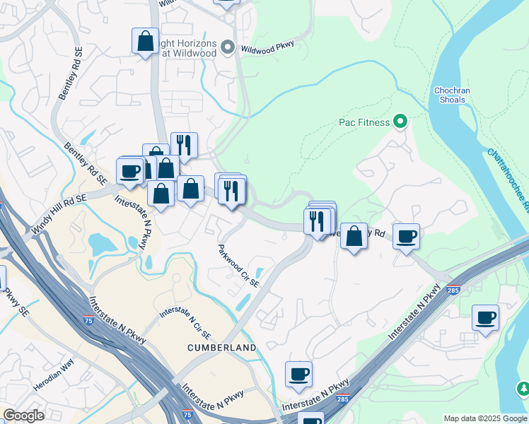 map of restaurants, bars, coffee shops, grocery stores, and more near 2401 Windy Ridge Parkway Southeast in Atlanta
