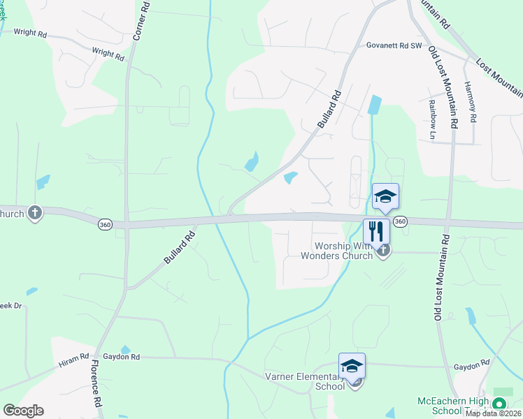 map of restaurants, bars, coffee shops, grocery stores, and more near 4980 Georgia 360 in Powder Springs