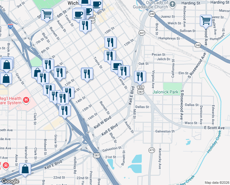 map of restaurants, bars, coffee shops, grocery stores, and more near 1508 Travis Street in Wichita Falls