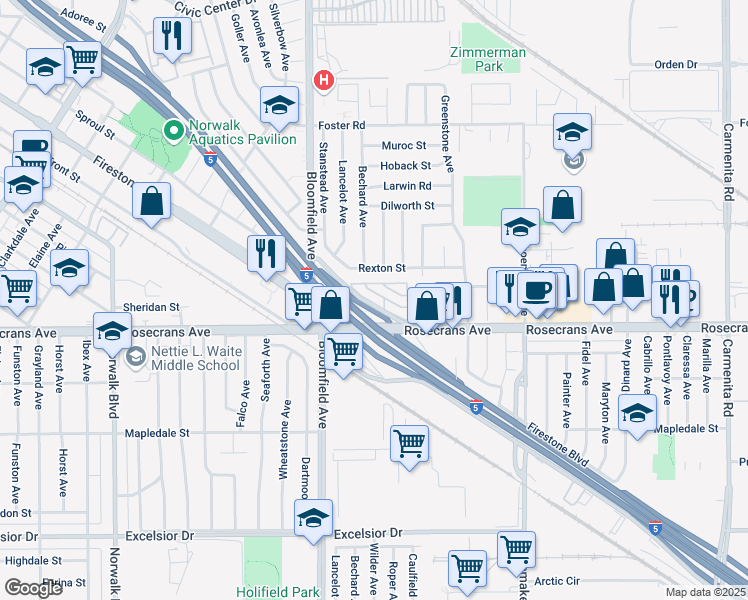 map of restaurants, bars, coffee shops, grocery stores, and more near 92 Bloomfield Avenue in Norwalk