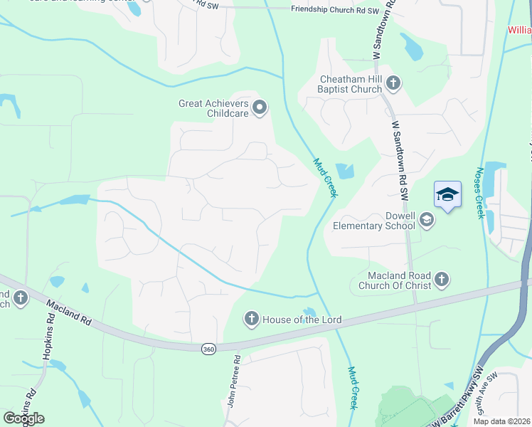 map of restaurants, bars, coffee shops, grocery stores, and more near 2191 Leatherstone Drive in Powder Springs