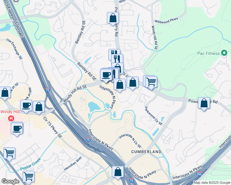 map of restaurants, bars, coffee shops, grocery stores, and more near 210 Interstate North Parkway East Southeast in Atlanta