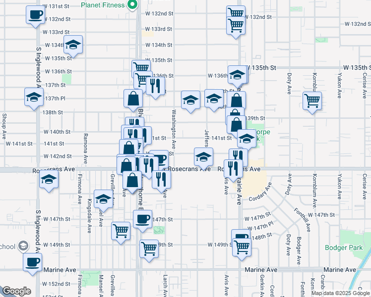 map of restaurants, bars, coffee shops, grocery stores, and more near 4217 West 142nd Street in Hawthorne