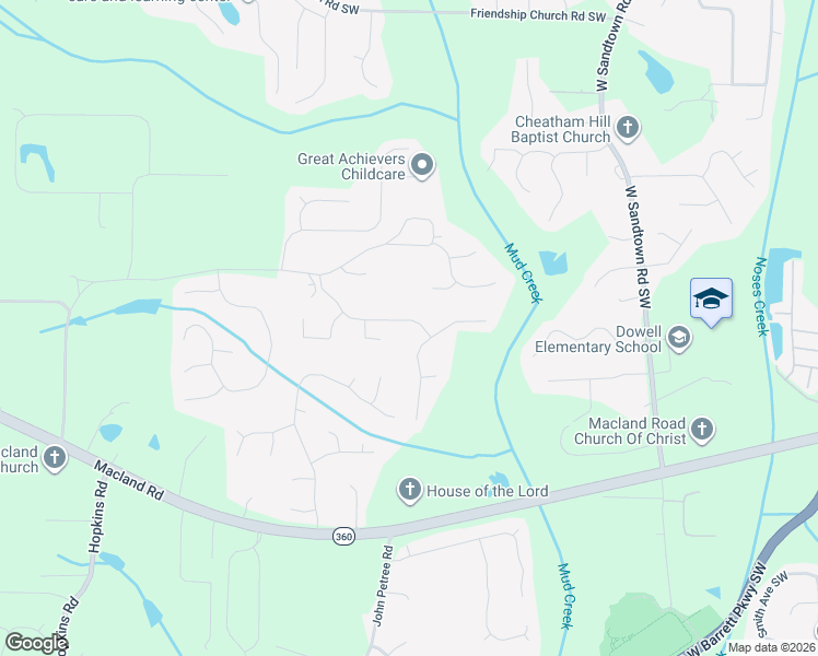 map of restaurants, bars, coffee shops, grocery stores, and more near 2015 Broadleaf Lane in Powder Springs