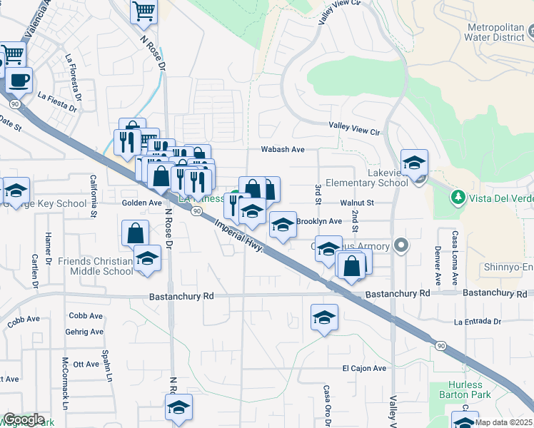 map of restaurants, bars, coffee shops, grocery stores, and more near 3920 Prospect Avenue in Yorba Linda