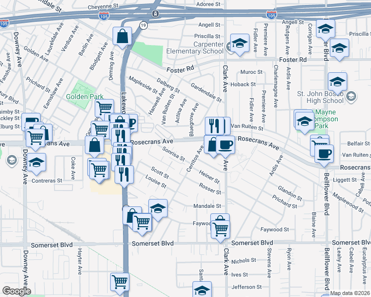 map of restaurants, bars, coffee shops, grocery stores, and more near 14415 Cerritos Avenue in Bellflower