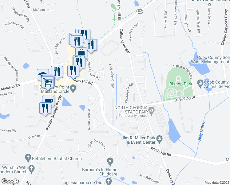 map of restaurants, bars, coffee shops, grocery stores, and more near 2097 Kolb Ridge Court Southwest in Marietta