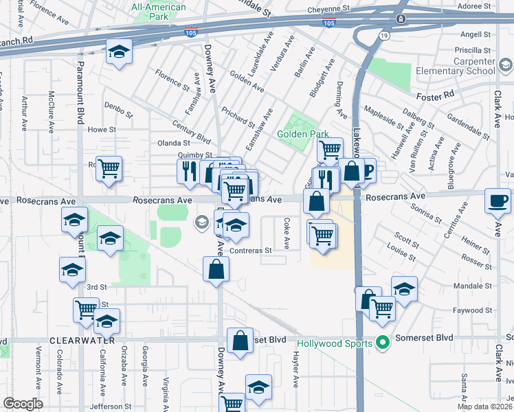 map of restaurants, bars, coffee shops, grocery stores, and more near 8600 Rosecrans Avenue in Paramount