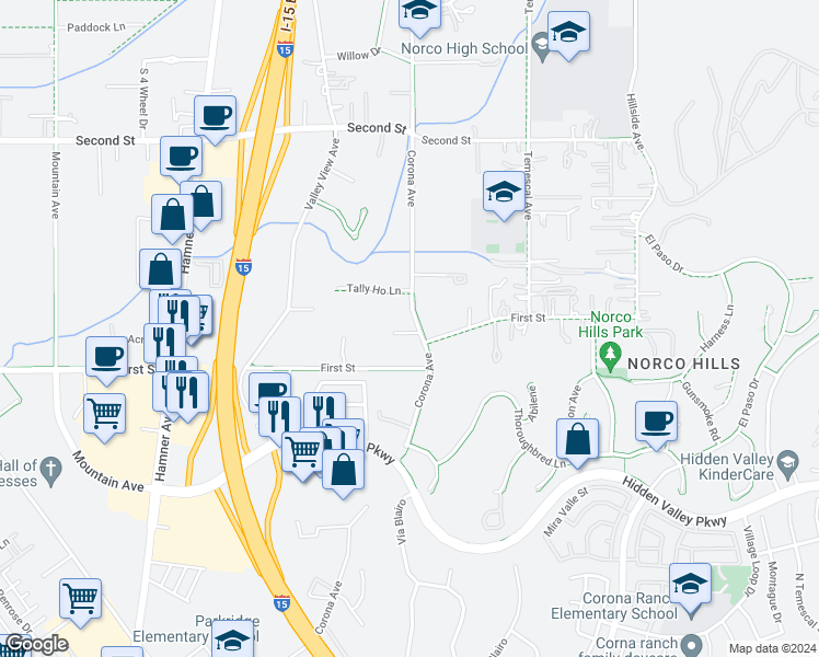 map of restaurants, bars, coffee shops, grocery stores, and more near 1500 Corona Avenue in Norco