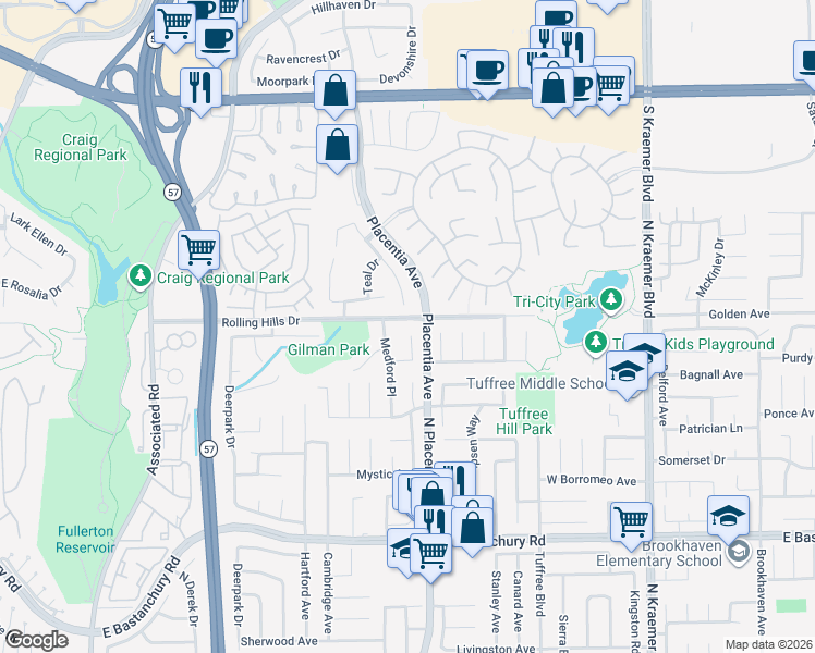 map of restaurants, bars, coffee shops, grocery stores, and more near 3054 Greenview Place in Fullerton