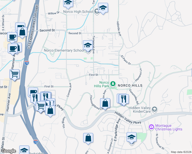 map of restaurants, bars, coffee shops, grocery stores, and more near 1080 1st Street in Norco