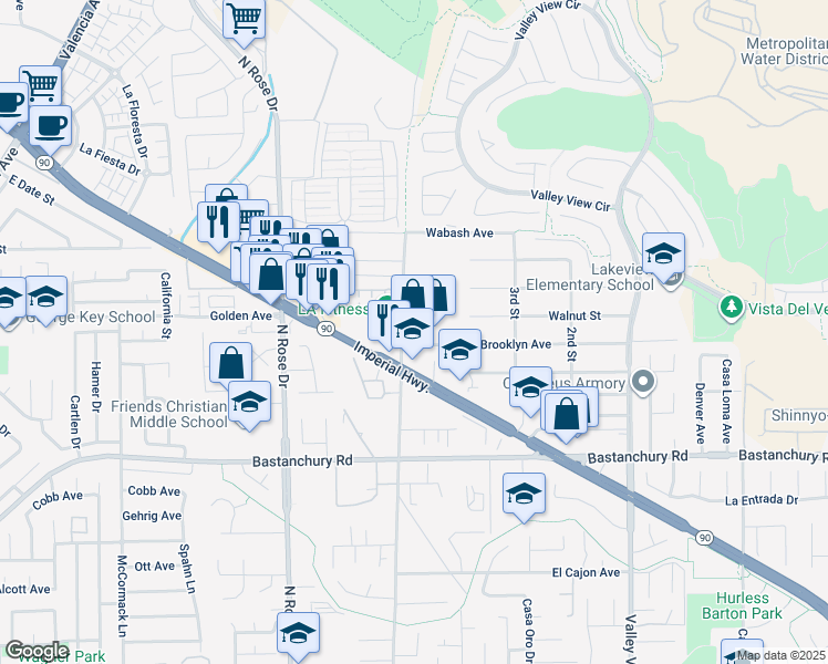 map of restaurants, bars, coffee shops, grocery stores, and more near 3920 Prospect Avenue in Yorba Linda