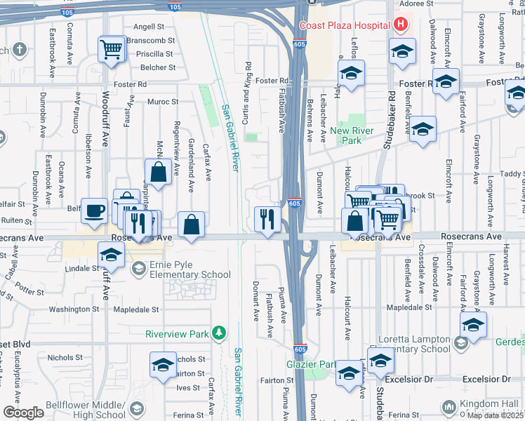 map of restaurants, bars, coffee shops, grocery stores, and more near 14027 Bayside Drive in Norwalk