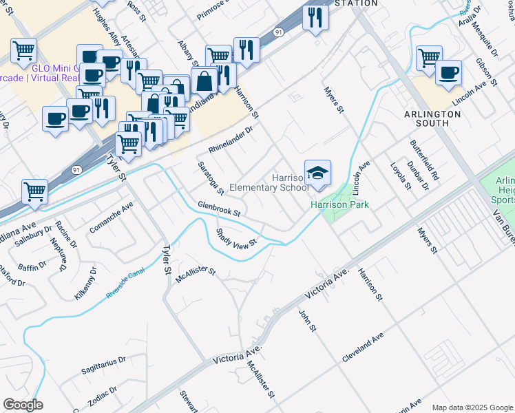 map of restaurants, bars, coffee shops, grocery stores, and more near 2934 Floravista Court in Riverside