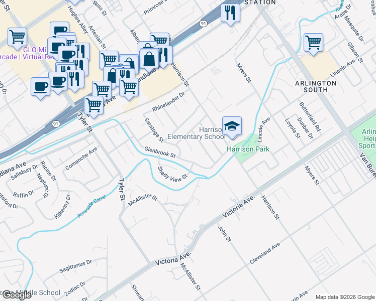 map of restaurants, bars, coffee shops, grocery stores, and more near 2934 Floravista Court in Riverside