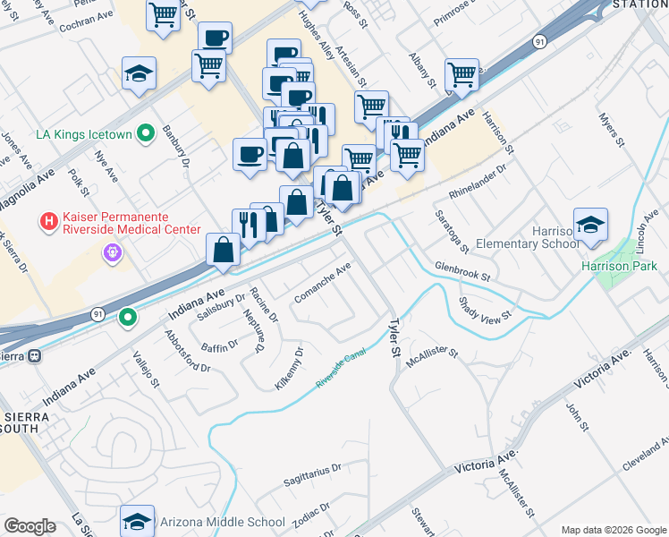 map of restaurants, bars, coffee shops, grocery stores, and more near 10359 Comanche Avenue in Riverside