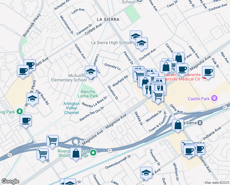 map of restaurants, bars, coffee shops, grocery stores, and more near 3888 Middleton Place in Riverside
