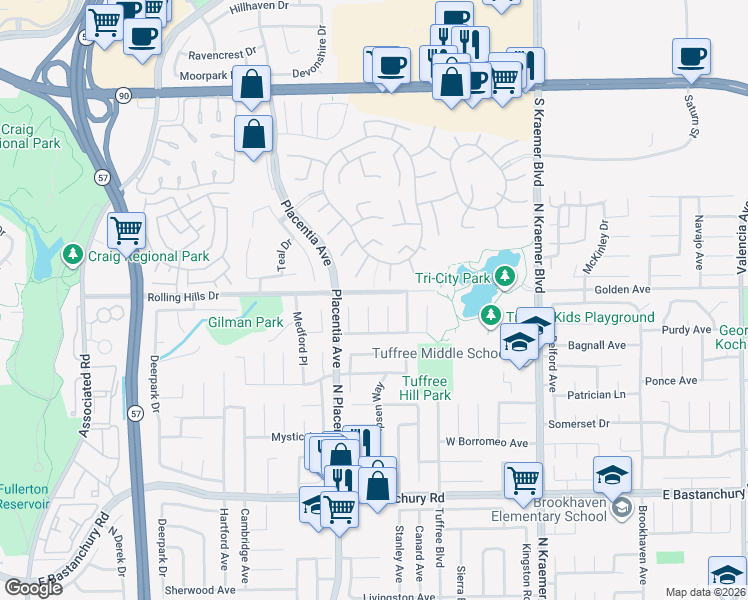 map of restaurants, bars, coffee shops, grocery stores, and more near 2220 Montgomery Circle in Placentia
