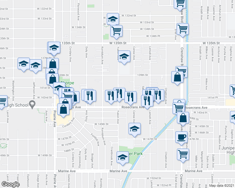 map of restaurants, bars, coffee shops, grocery stores, and more near 14116 Yukon Avenue in Hawthorne