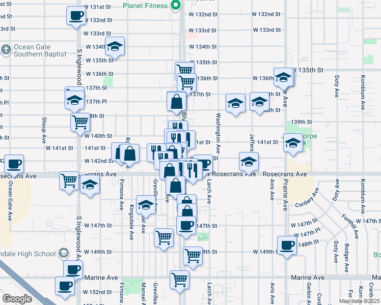 map of restaurants, bars, coffee shops, grocery stores, and more near 4384 West 142nd Street in Hawthorne