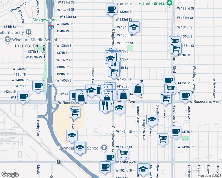 map of restaurants, bars, coffee shops, grocery stores, and more near 4821 West 142nd Street in Hawthorne