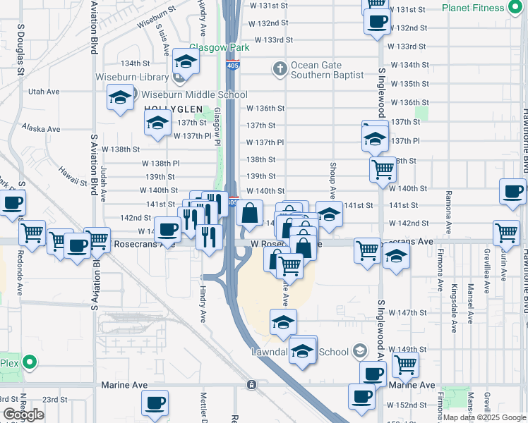 map of restaurants, bars, coffee shops, grocery stores, and more near 5125 West 142nd Street in Hawthorne