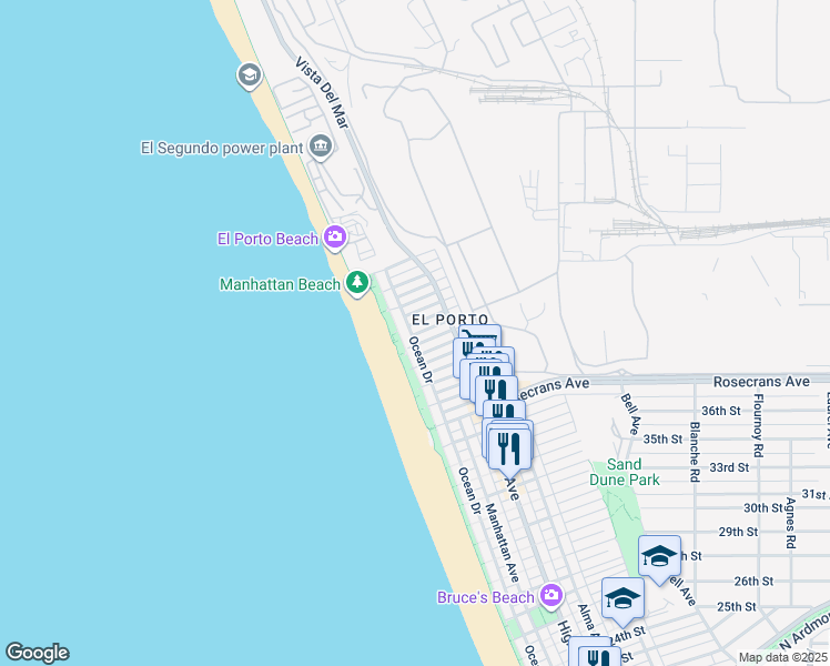map of restaurants, bars, coffee shops, grocery stores, and more near 4102 Ocean Drive in Manhattan Beach