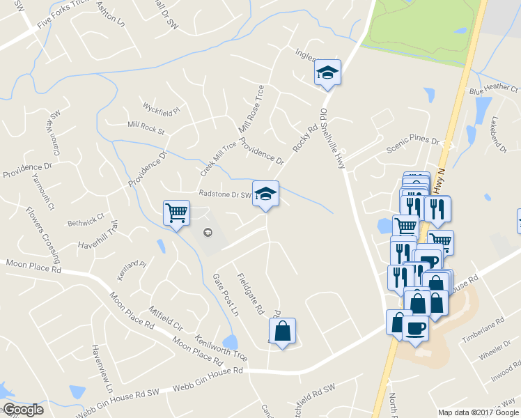 map of restaurants, bars, coffee shops, grocery stores, and more near 1501 Laurelhill Drive Southwest in Lawrenceville
