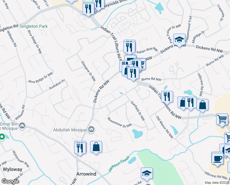 map of restaurants, bars, coffee shops, grocery stores, and more near 5059 Westover Circle Northwest in Lilburn