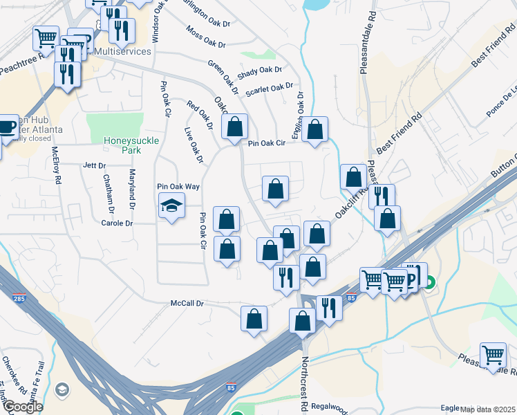 map of restaurants, bars, coffee shops, grocery stores, and more near 3440 Oakcliff Road Northwest in Atlanta