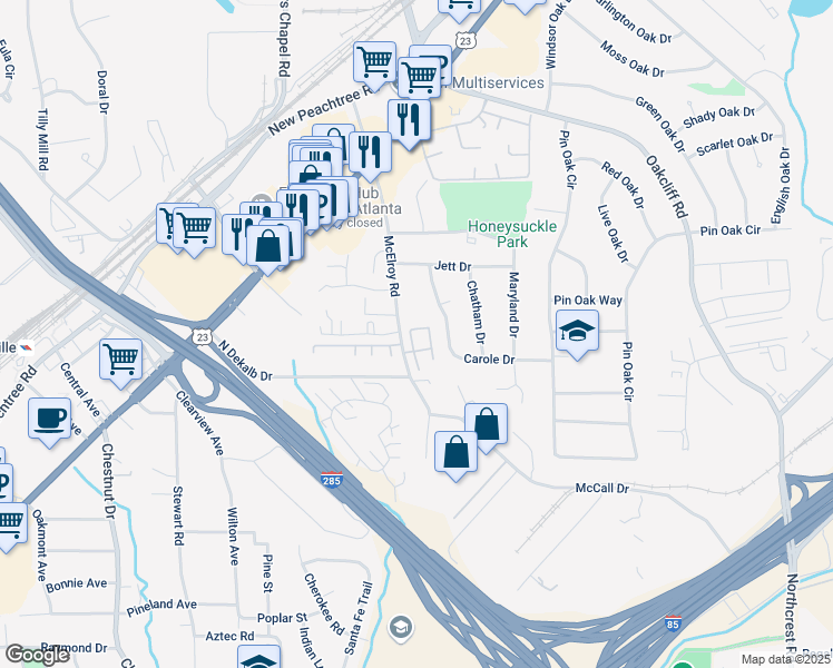 map of restaurants, bars, coffee shops, grocery stores, and more near 3795 Oxford Circle in Atlanta