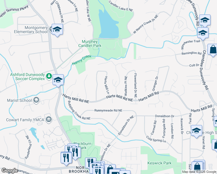 map of restaurants, bars, coffee shops, grocery stores, and more near 3972 Harts Mill Lane in Atlanta