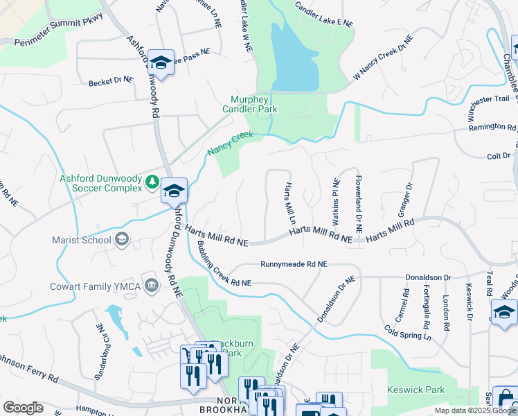 map of restaurants, bars, coffee shops, grocery stores, and more near 3792 Harts Mill Lane in Atlanta