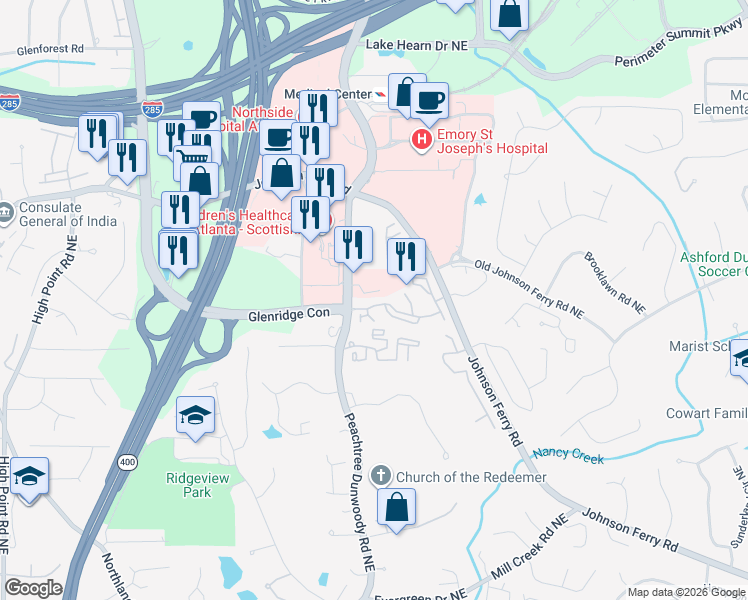 map of restaurants, bars, coffee shops, grocery stores, and more near 5412 Glenridge Cove Northeast in Atlanta